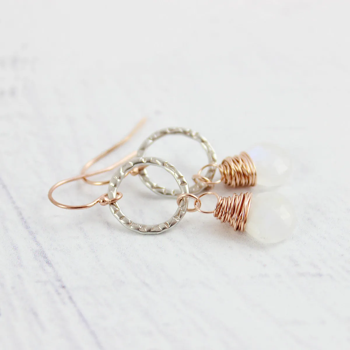 Rainbow Moonstone Mixed Metal Dangle Earrings