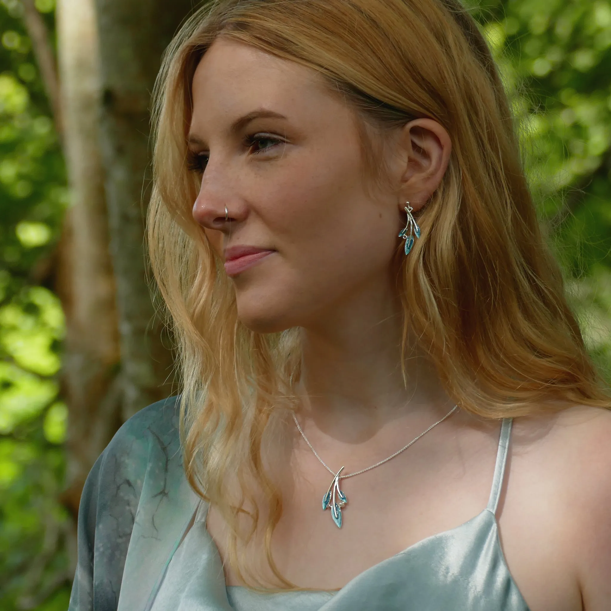 Rowan Three-Leaf Drop Earrings in Sage Enamel with Moonstone