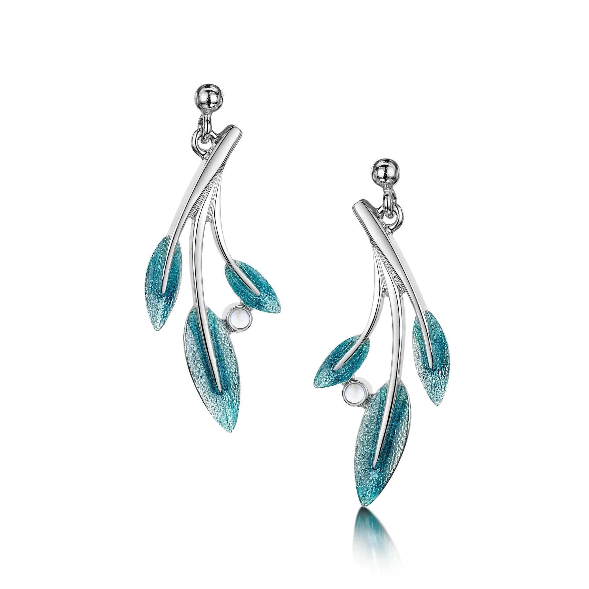 Rowan Three-Leaf Drop Earrings in Sage Enamel with Moonstone