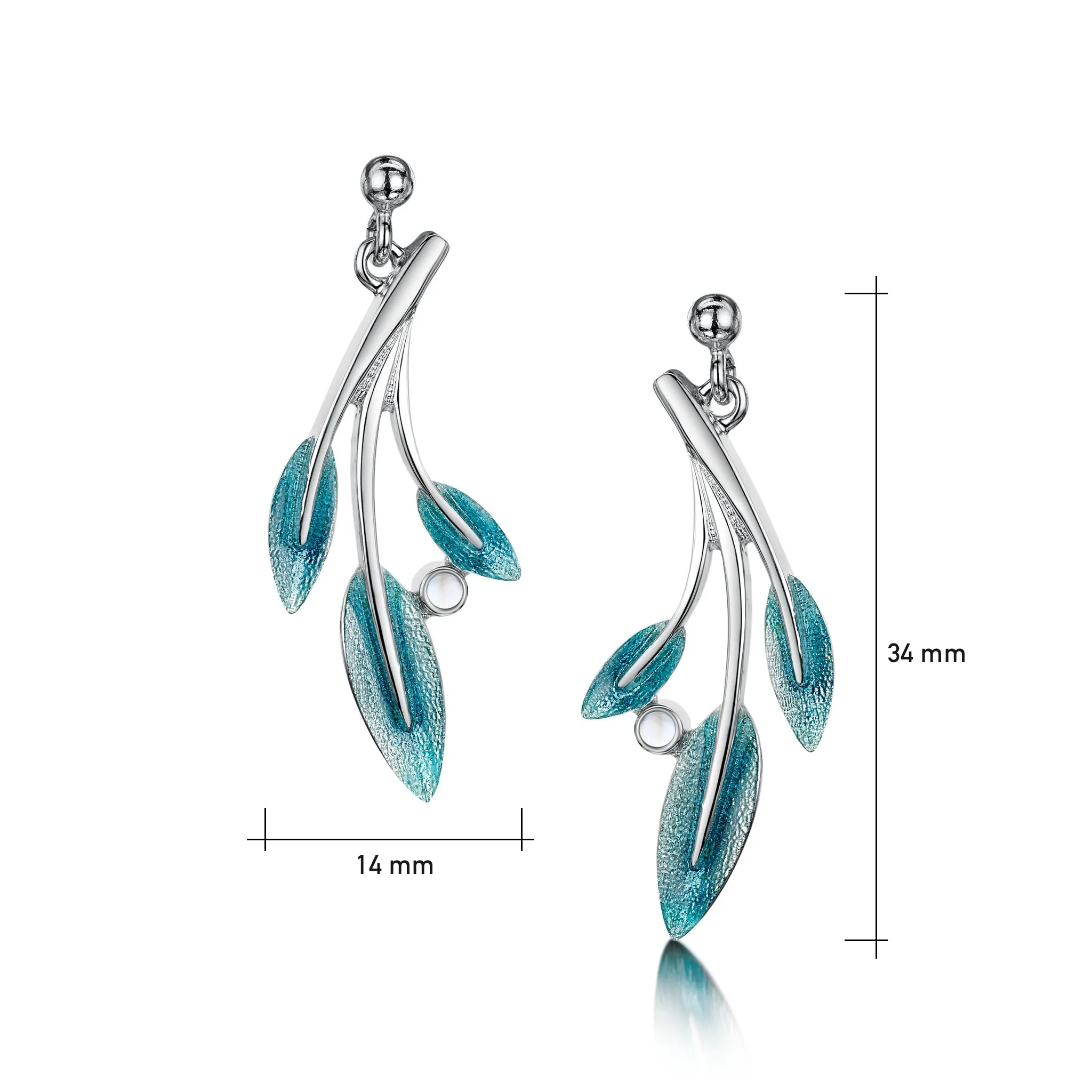 Rowan Three-Leaf Drop Earrings in Sage Enamel with Moonstone