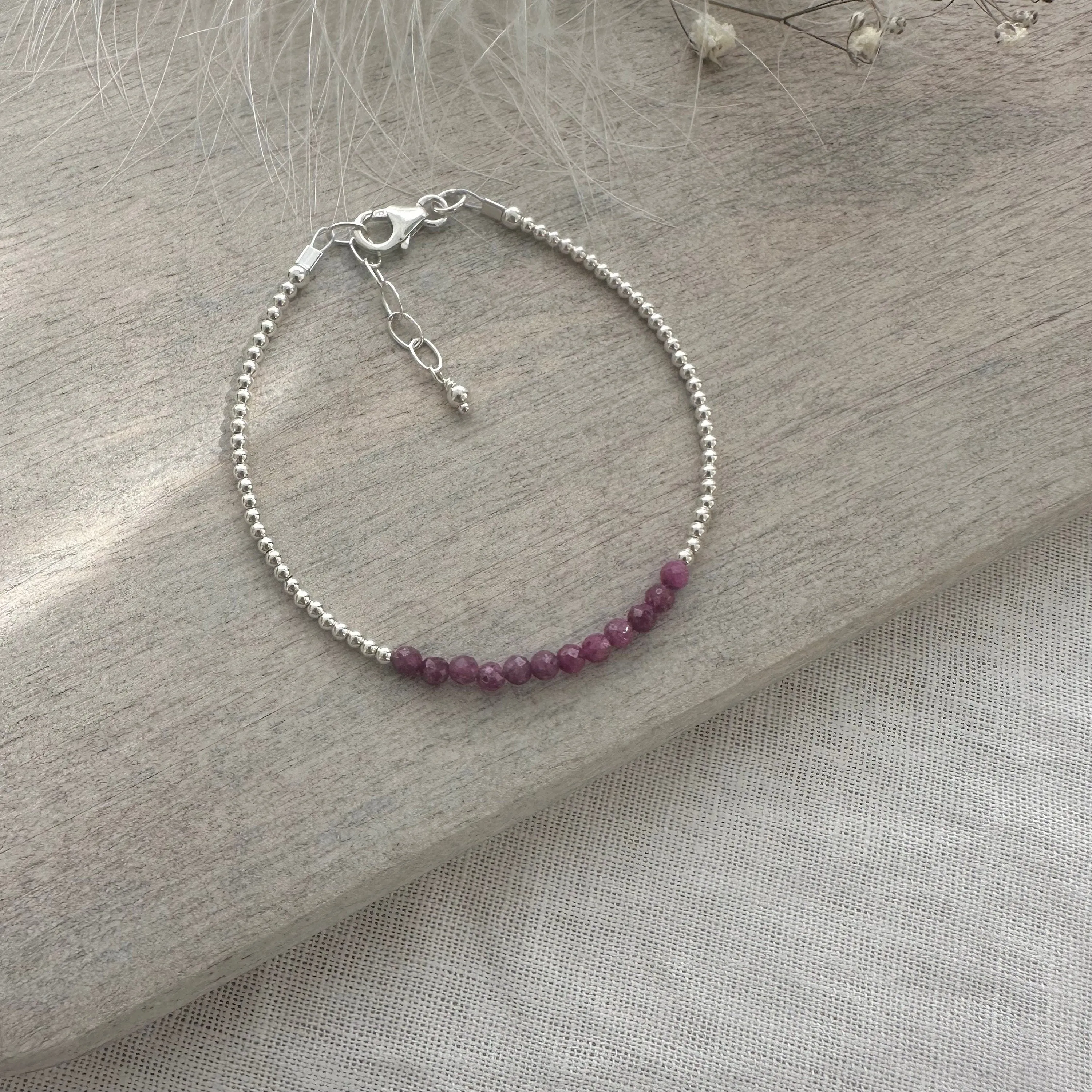 Ruby July Birthstone Bracelet, dainty stacking bracelet in sterling silver