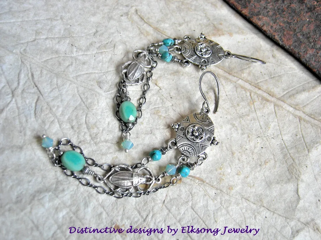 Silver Scarab Chandelier Earrings, Sterling Chain, Turquoise