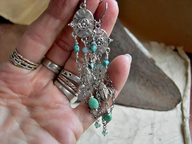 Silver Scarab Chandelier Earrings, Sterling Chain, Turquoise
