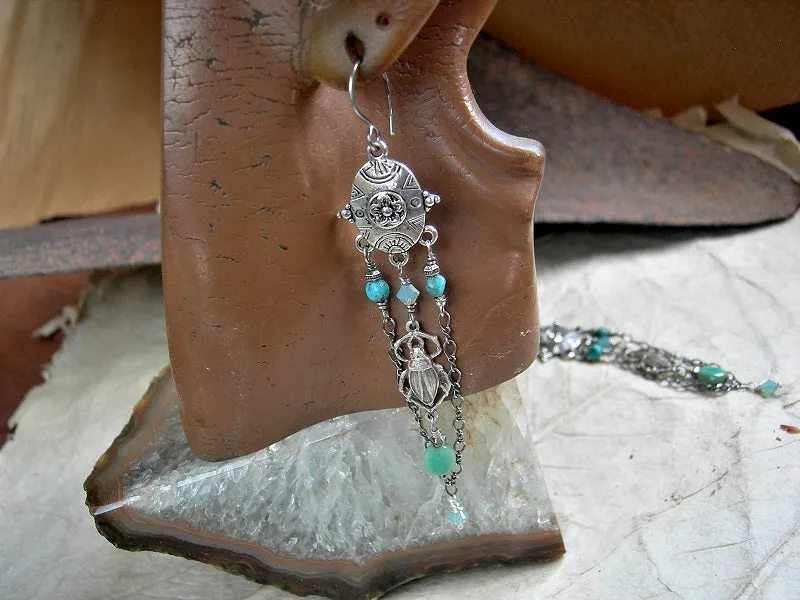 Silver Scarab Chandelier Earrings, Sterling Chain, Turquoise