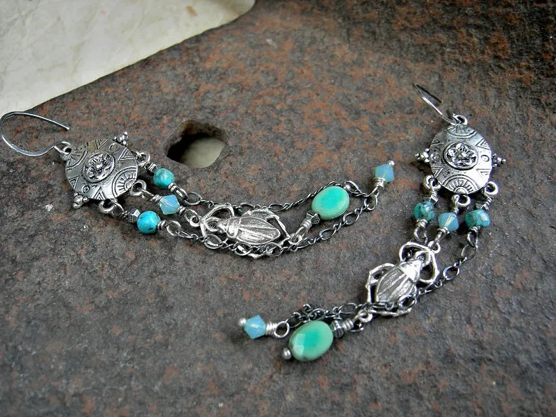 Silver Scarab Chandelier Earrings, Sterling Chain, Turquoise