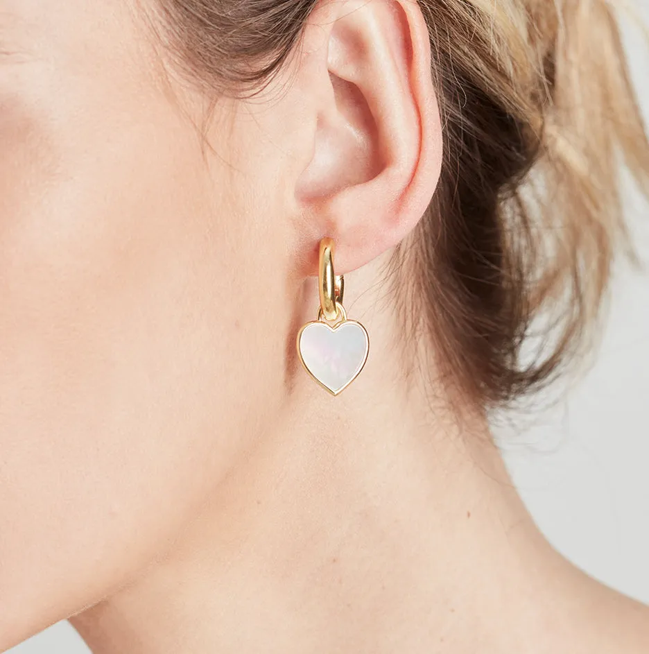 Small Chunky Hoop and Mother Of Pearl Heart Charm Rose Gold Earring Set