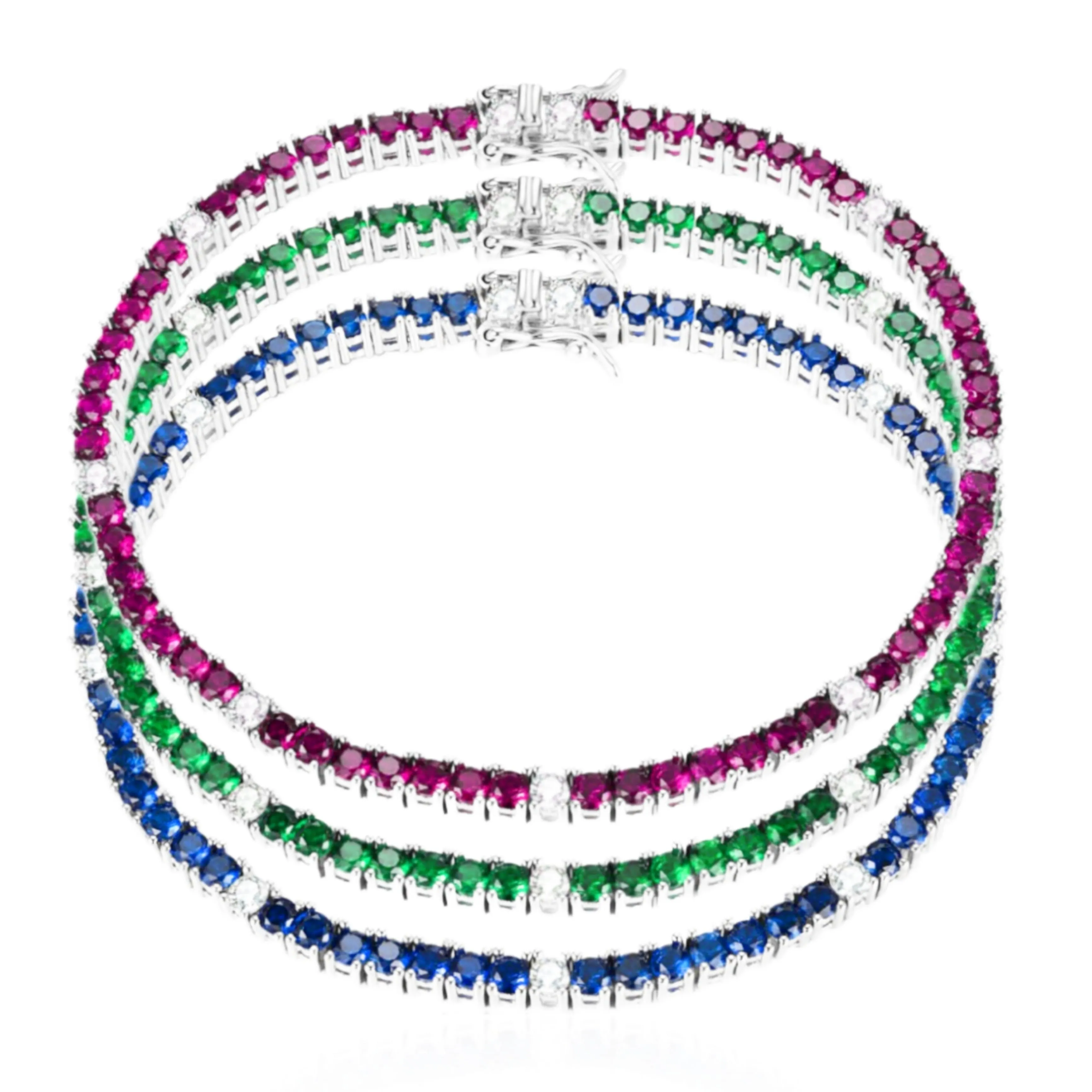 Sterling Silver Ruby, Emerald, and Sapphire Colored CZ Stone Bracelet