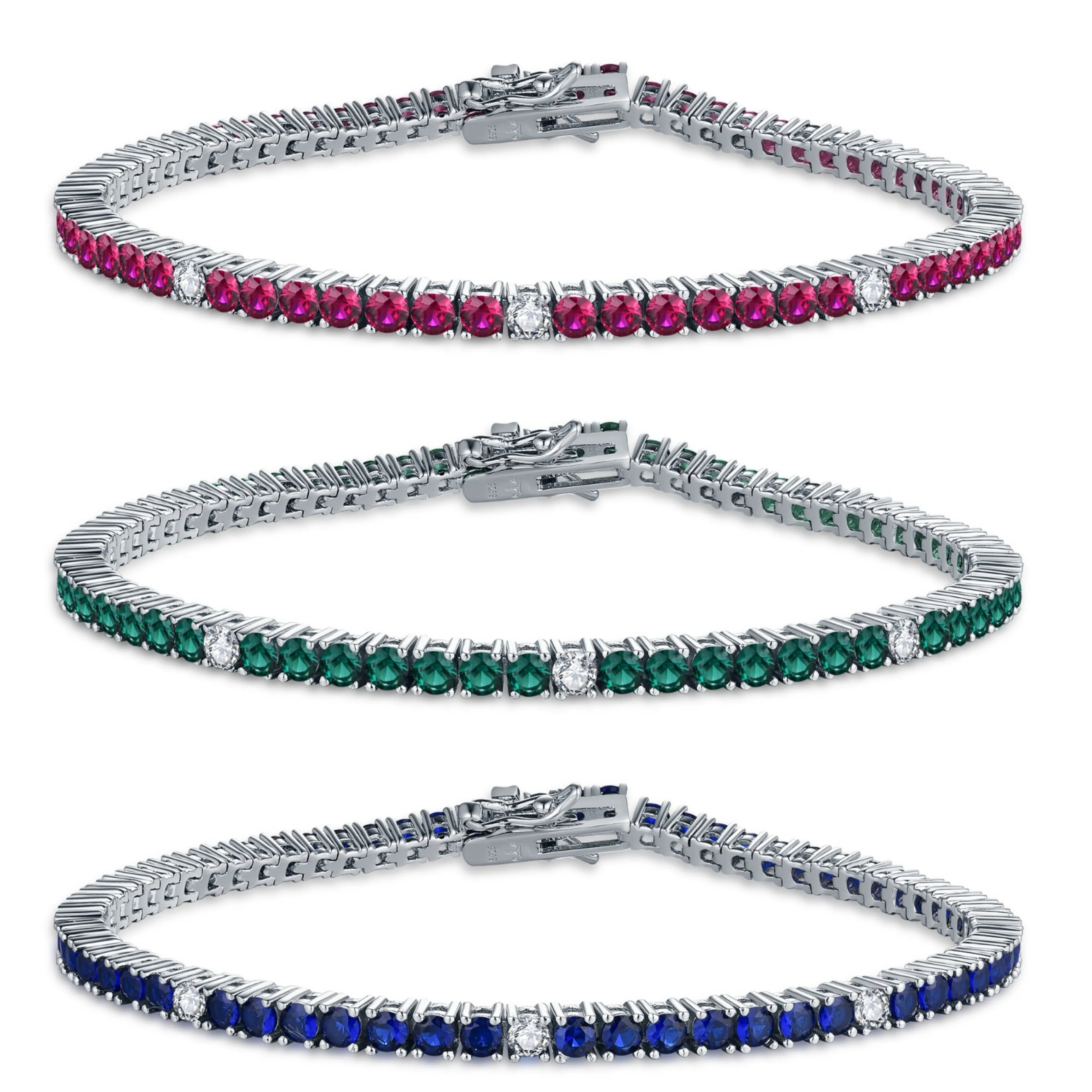 Sterling Silver Ruby, Emerald, Sapphire, or Black Colored CZ Stone Bracelet