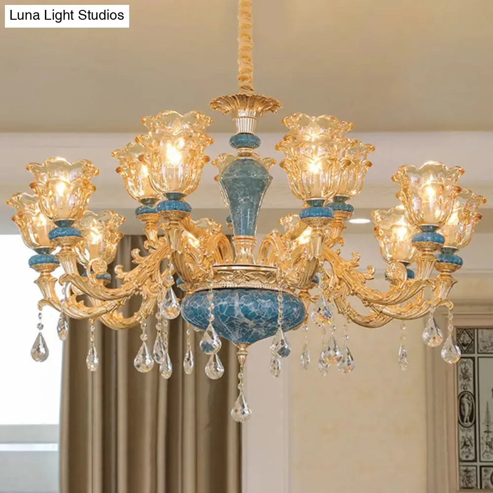 Swooping Arm Pendant Chandelier: Rustic Metal Gold Ceiling Light with Clear Textured Glass Shade