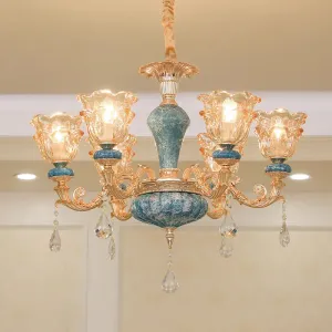 Swooping Arm Pendant Chandelier: Rustic Metal Gold Ceiling Light with Clear Textured Glass Shade