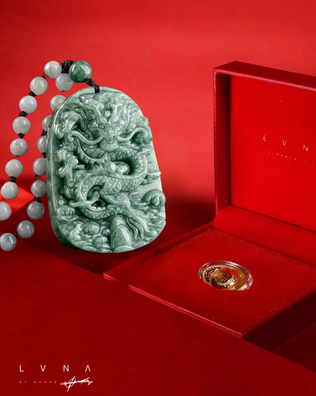 The Vault | Large Premium Hand Carved Dragon Jadeite Long Drop Necklace